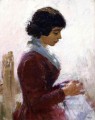 Girl in Red Sewing Theodore Robinson